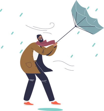 Man struggling with wind holding umbrella in rainy  Illustration