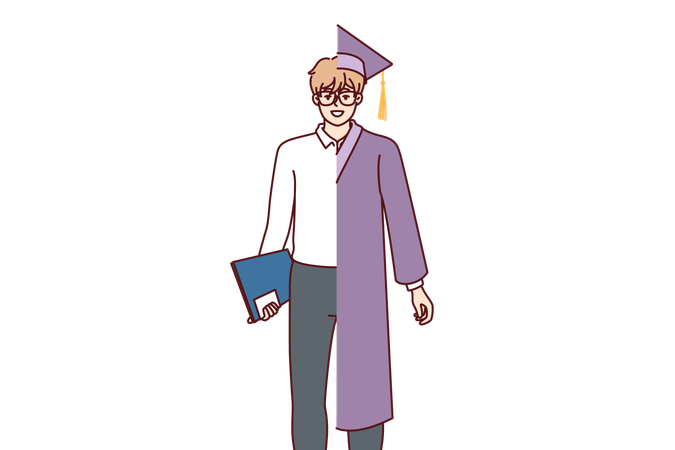 Man student in university graduate robe and business attire symbolizes desire to improve education  Illustration