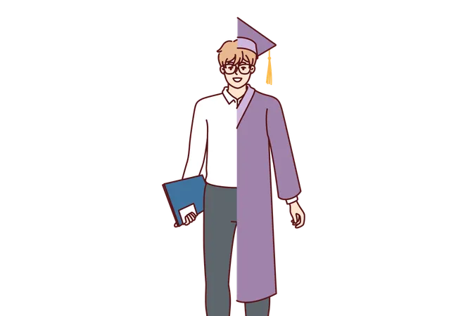 Man Student In University Graduate Robe And Business Attire Symbolizes Desire To Improve Education Young Guy Dreams Of Becoming Graduate To Develop Professional Skills And Get Promotion At Work Illustration
