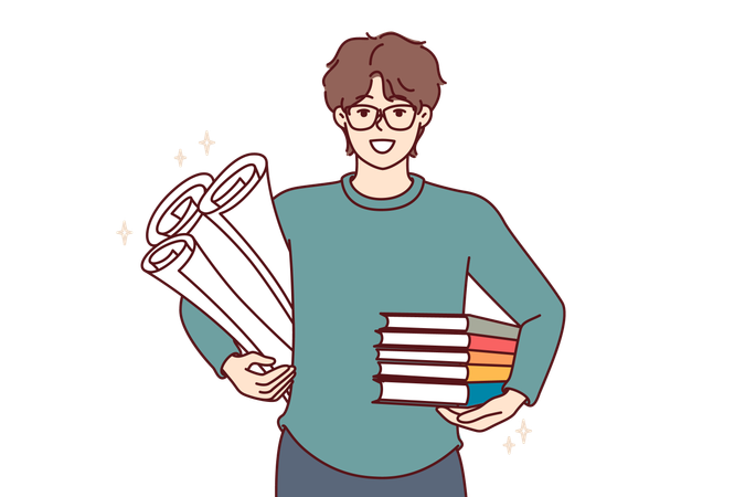 Man student with textbooks and papers for creating engineering drawings  일러스트레이션
