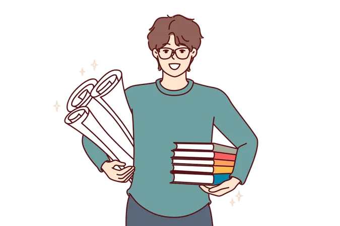 Man Student With Textbooks And Papers For Creating Engineering Drawings Smiles And Looks At Screen Guy Student Studying At University Or College Holds Books Recommended By Teacher 일러스트레이션