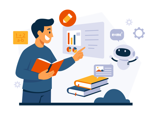 Man Studying Accompanied By Robot  Illustration