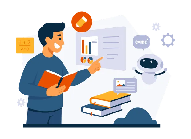 Man Studying Accompanied By Robot  Illustration