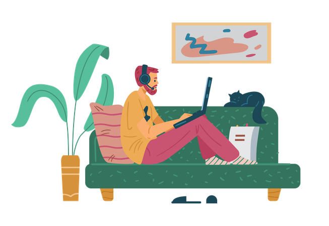 Man studying remotely sitting on couch  Illustration