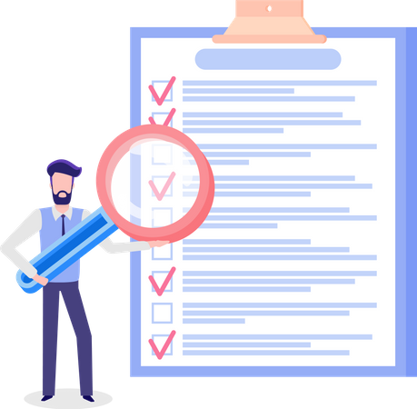 Man studying to do list with magnifier  Illustration