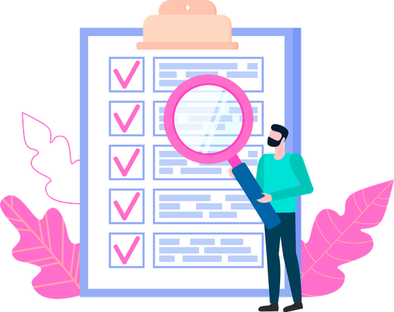 Man studying to do list with magnifier  Illustration