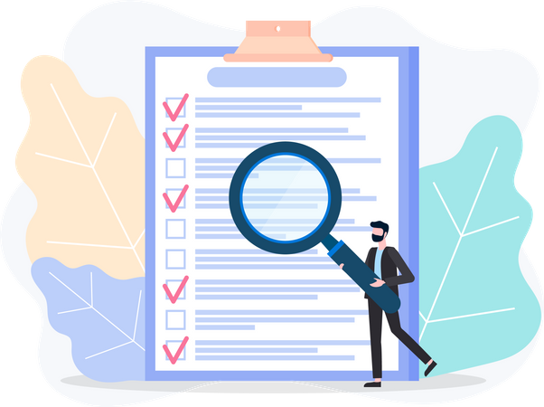 Man studying to do list with magnifier  Illustration