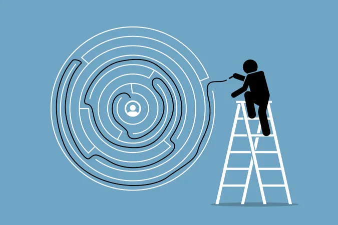 Man successfully finds the solution and way out of a round maze puzzle  Illustration