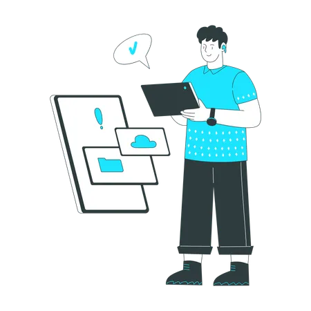 Man successfully moved the data to the cloud  Illustration
