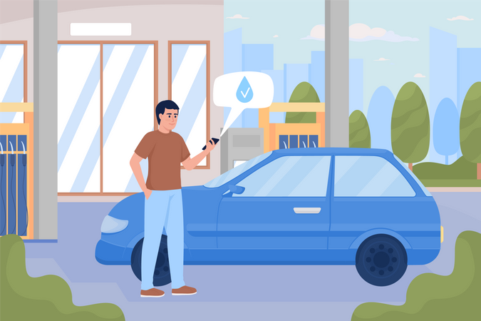 Man successfully refueling car at gas station Illustration