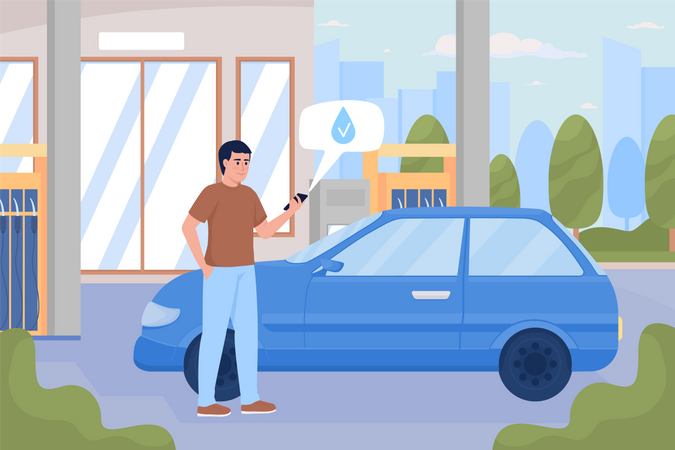 Man successfully refueling car at gas station  Illustration