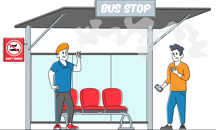 Man Suffer of Smoke near Prohibited Sign and Man Smoker with Cigarette on Bus Stop  イラスト