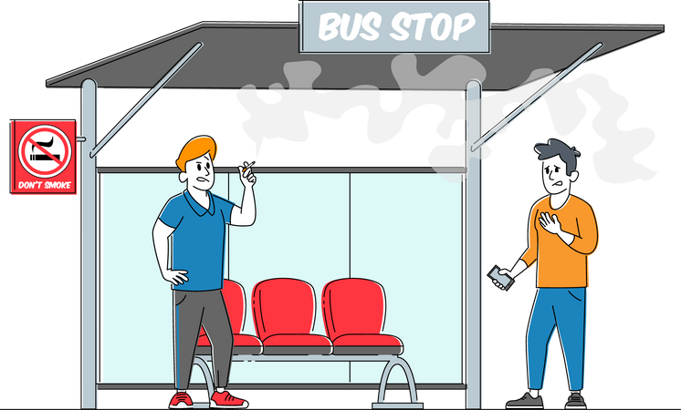 Man Suffer of Smoke near Prohibited Sign and Man Smoker with Cigarette on Bus Stop  Illustration