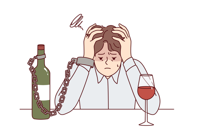 Man suffering from alcohol addiction is chained to bottle of wine sitting at table clutching head  Illustration