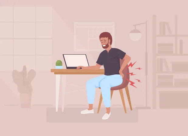 Back Pain Due To Prolonged Sitting Flat Color Vector Illustration Bearded Man With Pinched Nerves In Lower Back Fully Editable 2 D Simple Cartoon Character With Cozy Office Interior On Background Illustration