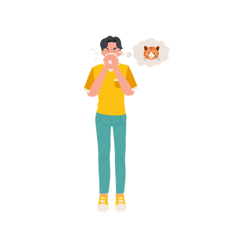 Man Suffering From Cat Allergy And Coughing And Breath Difficulty  イラスト