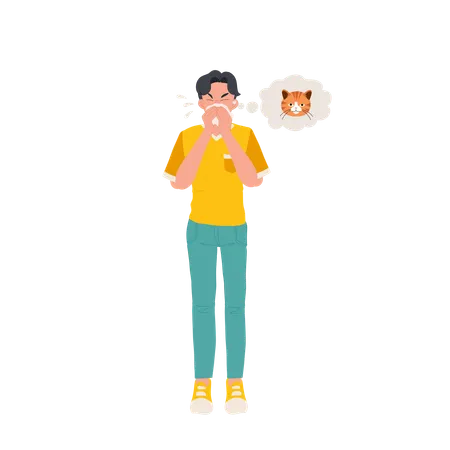 Man Suffering From Cat Allergy Coughing And Breath Difficulty イラスト