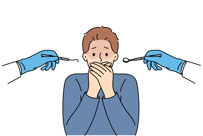 Man suffering from dentophobia closes mouth and stands near hands with dental devices  Illustration