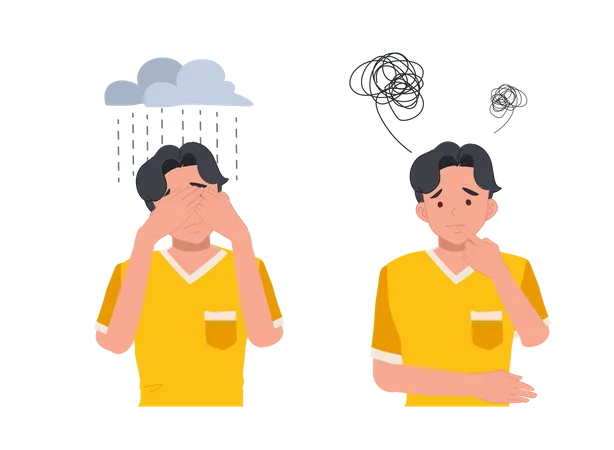 Mental Disorder Finding Answers Confusion Concept Man Suffering From Depression Closing Face With Palms In Despair Trying To Solve Complex Problems Vector Illustration Illustration