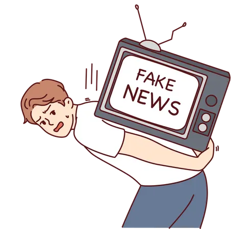 Man Suffering From Fake News On TV For Concept Of Fighting Disinformation And Propaganda In Media Guy With Big Televisor On Back Is Stressed Out By Fake News From Journalists And Yellow Press Illustration