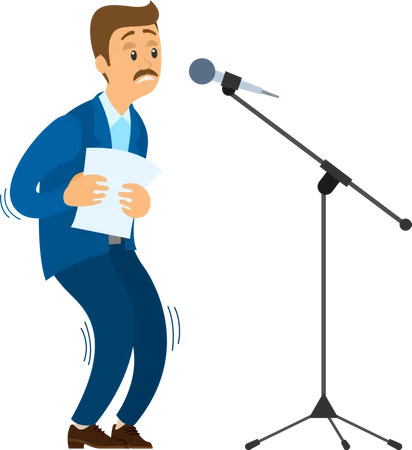 Man Suffers From Fear Of Public Speaking Frightened Speaker Standing Near Microphone Is Afraid Of Giving Presentations To Audience Person With Phobia Of Public Speaking Isolated On White Background Illustration