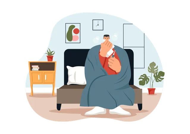 Man suffering from flu and fever  Illustration