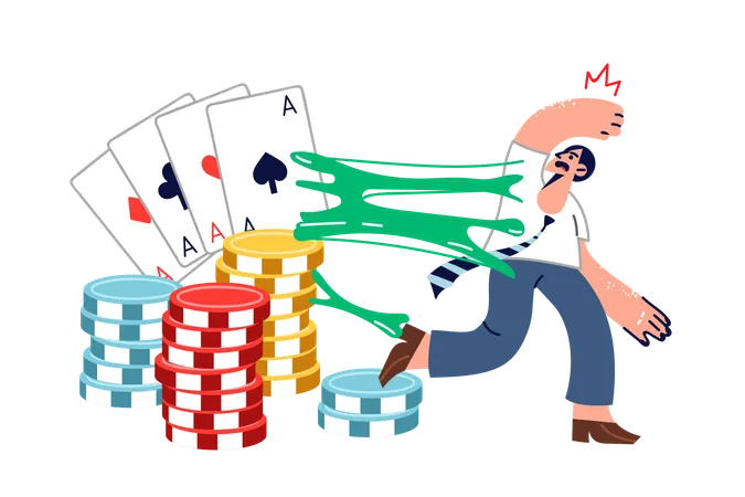 Dependent Man Suffering From Gambling Addiction Is Trying To Escape From Large Playing Cards And Casino Chips Problem Of Addiction To Casinos And Affection For Games With Financial Bets Illustration