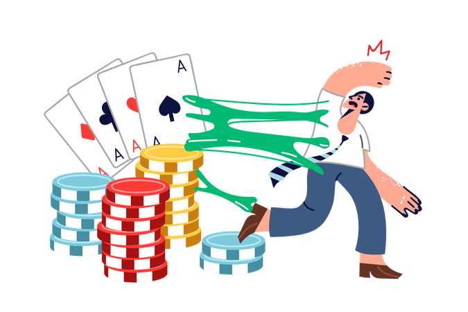 Man suffering from gambling addiction trying to escape from large playing cards and casino chips  Illustration