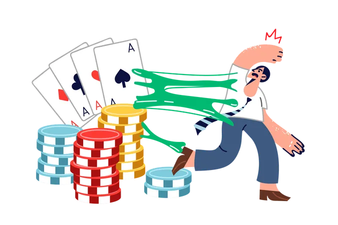 Man suffering from gambling addiction trying to escape from large playing cards and casino chips  Illustration