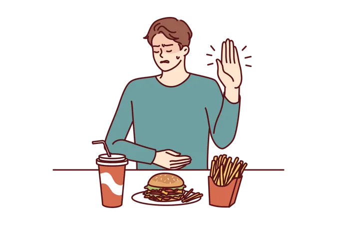 Man Suffering From Gastritis Refuses Fast Food That Causes Pain In Abdomen On Advice Of Nutritionist Guy Near Table With Junk Lunch Shows Stop Gesture Due To Gastritis Caused By Eating Hamburgers Illustration