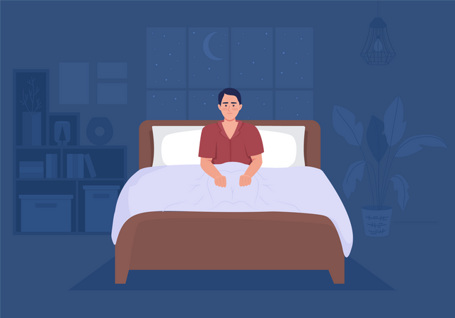 Man suffering from insomnia in bedroom Illustration