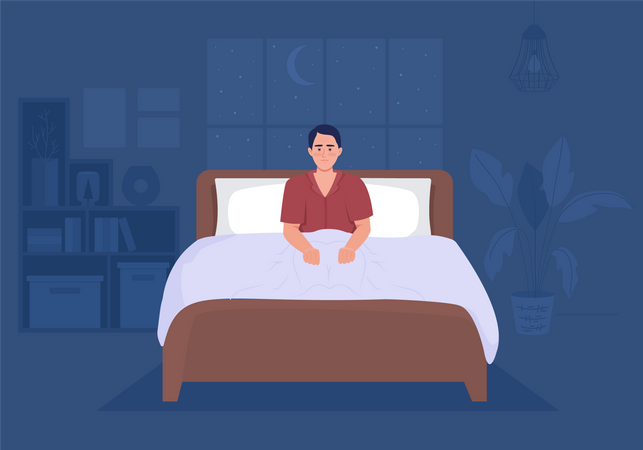 Man suffering from insomnia in bedroom  Illustration