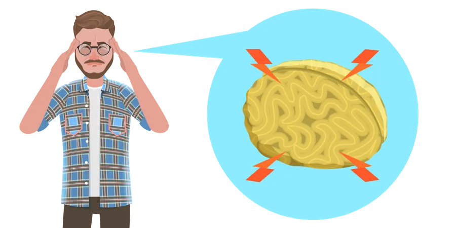 Man Suffering From Migraine, Grimace of Severe Headache  Illustration