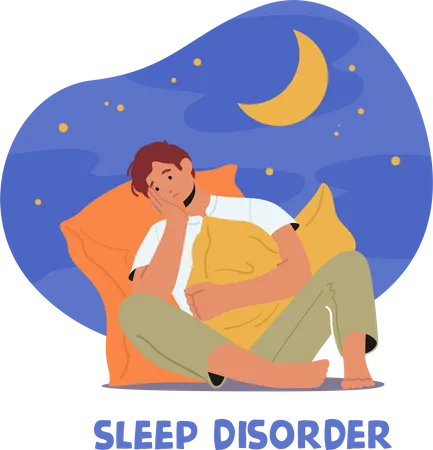 Insomnia And Sleep Disorder Concept Addiction Of Sleeping Pills Young Man Character Can Not Sleep Sitting On Bed Hugging Pillow At Night Time Health Problem Disease Cartoon Vector Illustration Illustration