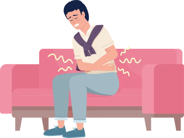 Man suffering from stomach ache on sofa  Illustration
