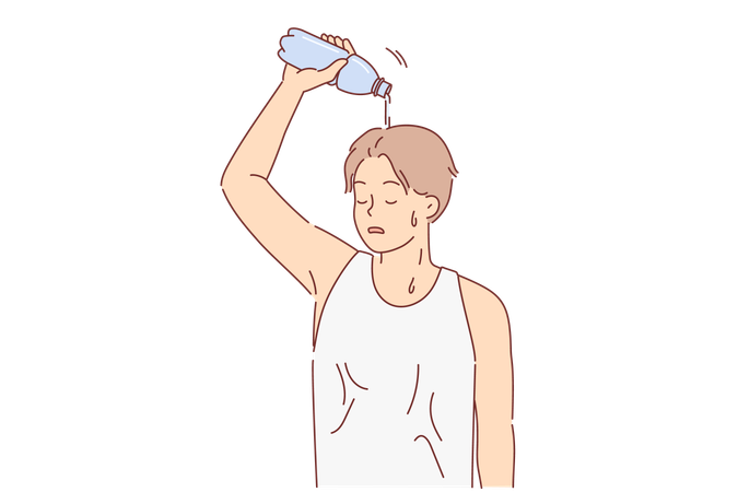 Man suffering from sunstroke pours water from bottle on head to cool down after long run  Illustration