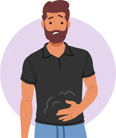 Male Character Displays Discomfort Due To Indigestion Showing Symptom Of Gastritis Such As Abdominal Pain And Discomfort Caused By Inflammation Of Stomach Lining Cartoon People Vector Illustration イラスト