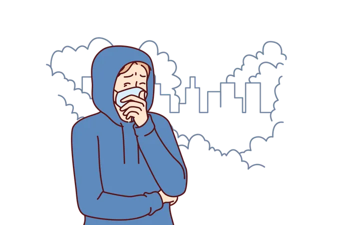 Man suffers from air pollution climate  Illustration