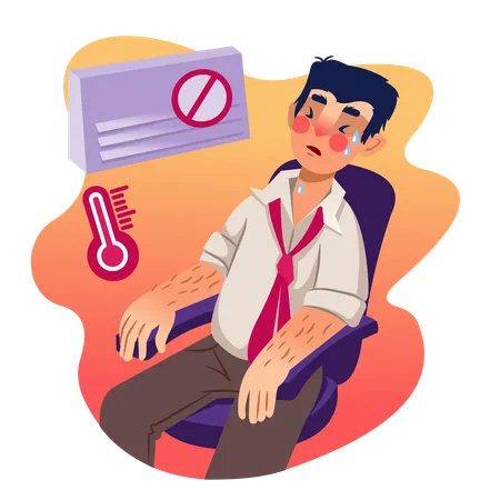 Man Suffers From Broken Air Conditioner On Hot Summer Day And Sweats Sitting In Office Chair Exhausted Businessman Returned From Street Received Sunstroke And Regrets Lack Of Conditioner Illustration
