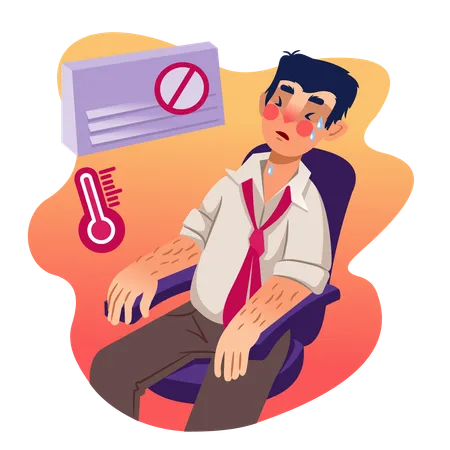 Man suffers from broken air conditioner on hot summer day and sweats while sitting in office chair  Illustration