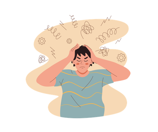 Man suffers from headache caused by overabundance of information clutching head  Illustration