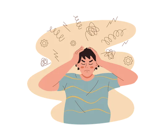 Man Suffers From Headache Caused By Overabundance Of Information Clutching Head In Attempt To Drown Out Pain Student Guy Tired From Studying At University Feels Pain In Neck And Needs Rest Illustration