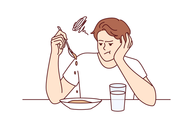 Man suffers from lack of appetite sitting at table in kitchen and does not want to eat breakfast  Illustration