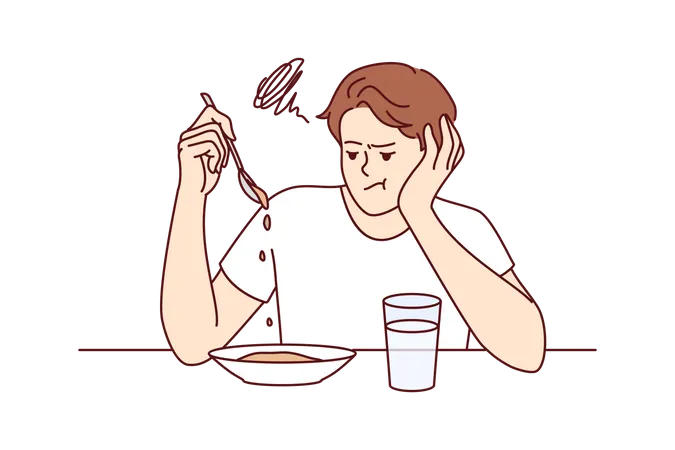 Man suffers from lack of appetite sitting at table in kitchen and does not want to eat breakfast  Illustration
