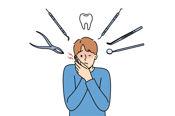 Man suffers from pain in teeth and appearance of caries while stands among dental instruments  Illustration