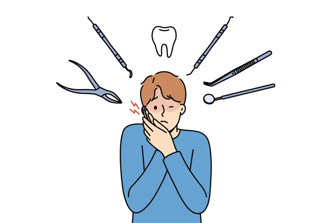 Man suffers from pain in teeth and appearance of caries while stands among dental instruments  Illustration