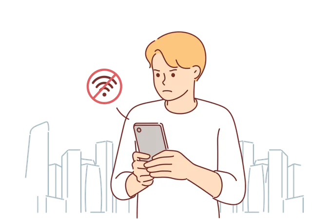 Man Suffers From Poor Internet Connection And Lack WIFI Network Holding Phone And Standing On City Street Guy With Smartphone Is Nervous About Problems With WIFI And Needs Quality Internet Provider Illustration