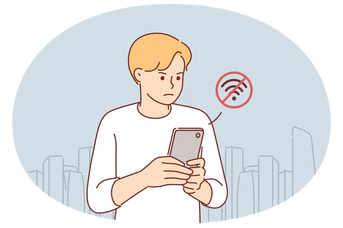 Man suffers from poor internet connection and lack of WIFI network  Illustration