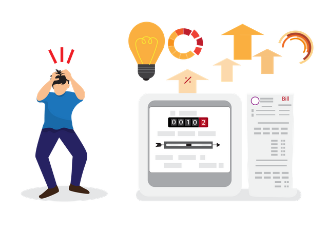 Man suffers from skyrocketing prices for electricity, gas, water and oil  Illustration