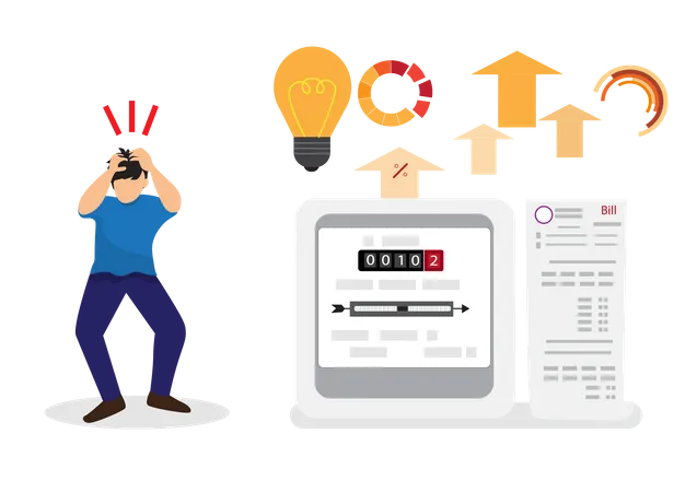 Man suffers from skyrocketing prices for electricity, gas, water and oil  Illustration